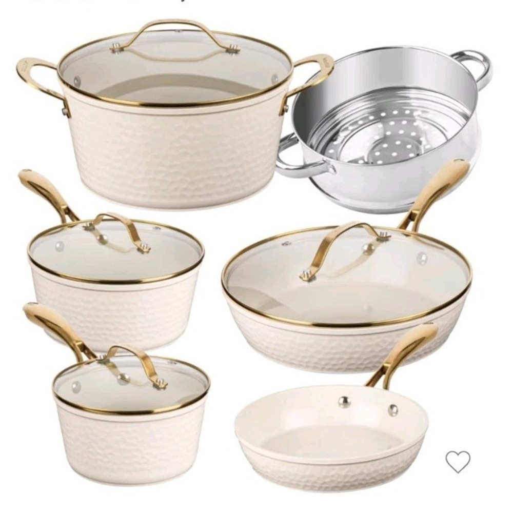 Gotham Steel 10 Piece Cookware Set Cream Gold Hammered Ceramic Nonstick Pots Pan